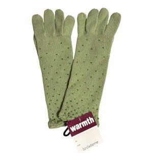 Liz Claiborne Sage Green Beaded Knit Gloves - Long Cuff Winter Mittens NWT